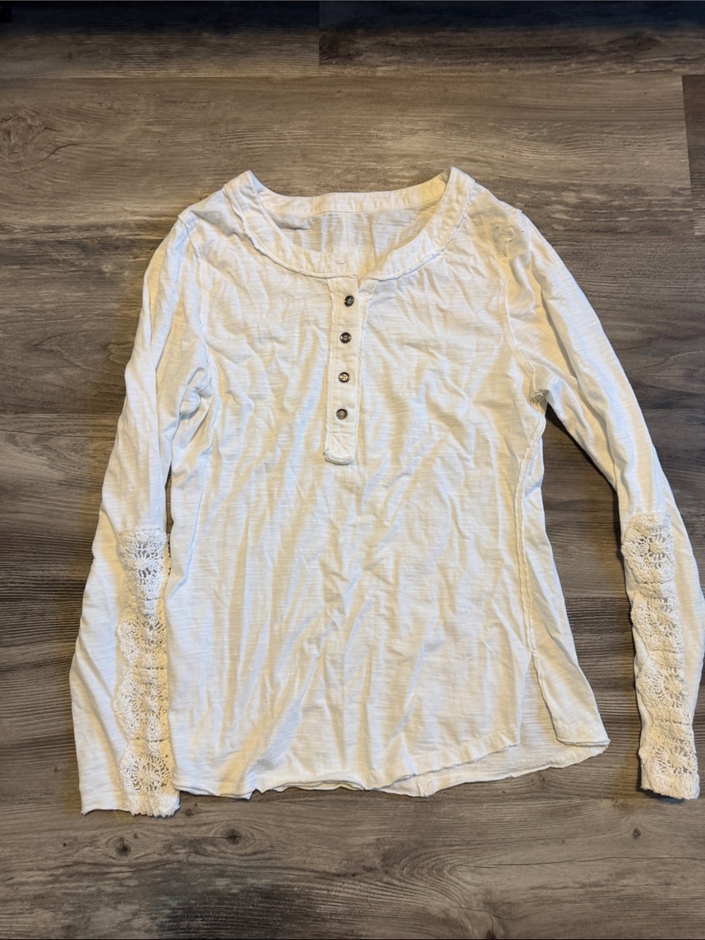 Women's White Lace-Trim Henley Long Sleeve Top